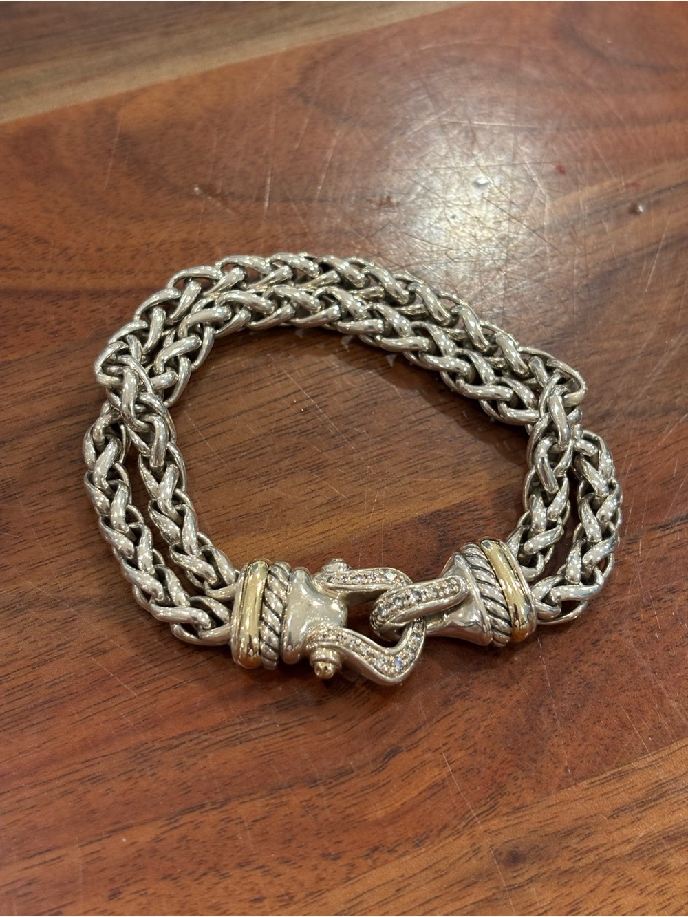 David Yurman 18K Diamond Buckle Double Wheat Chain Bracelet - 8 inches long - Picture 1 of 5